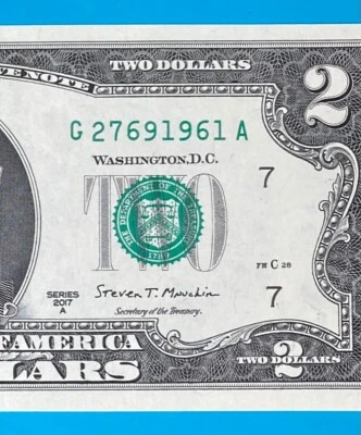 TRAILING YEAR 1961 (G 2769 1961 A) $2 Two Dollar Bill Serial Number 2017A *UNC* - Image 1 of 3