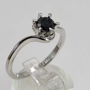 14K White Gold Round Black Diamond Engagement Ring - Picture 1 of 12