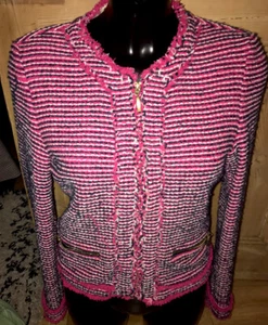 Zara Red white blue multi frayed edge tweed Zip Collarless blazer jacket M 10 - Picture 1 of 9