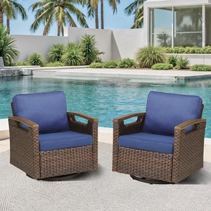 Outdoor Swivel Chairs Set of 2 Patio Rocker Chairs PE Wicker Blue Cushion - Picture 1 of 12