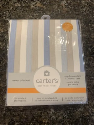 Sábana Cuna Ajustable Carter's Azul Gris Blanco Rayas Niños NUEVA Foto 1 de 2