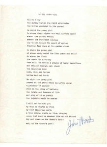 American writer & poet John Woods SIGNED typed poem - To The Young Girl - poetry - Picture 1 of 4