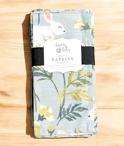 NEW Bunny Tales Set of 4 Cloth Napkins Easter Rabbits Spring Floral Green 20x20” - Picture 1 of 5