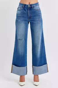 Pantalones de mezclilla Judy azules talla completa desgastados cintura alta pierna ancha - Imagen 1 de 25