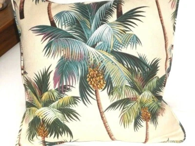 20" Hawaiian Tropical Cotton Barkcloth Fabric CORDED PILLOW ~Palm Trees~ - Image 1 of 3