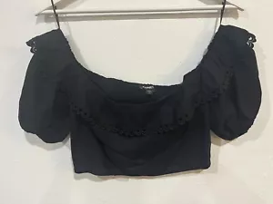 Express Off Shoulder Cropped Ruffle Puff Sleeve Top Size Medium Black Linen - Picture 1 of 5