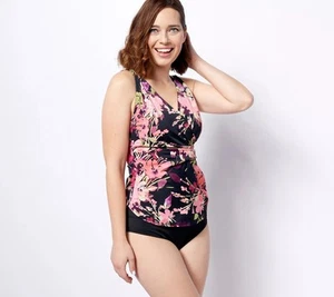 Denim & Co. Beach Slip Tankini Scollo a V Nero Floreale 32 Nuovo - Foto 1 di 1