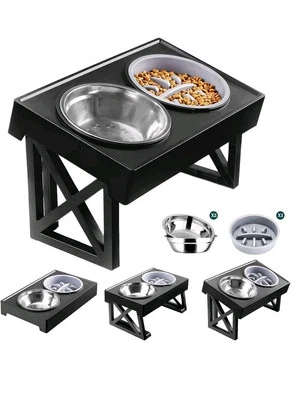 Cuencos Elevados para Perros, 3 Alturas Ajustables Elevadas Soporte para Mascotas con Alimentador Lento + 2 Foto 1 de 4