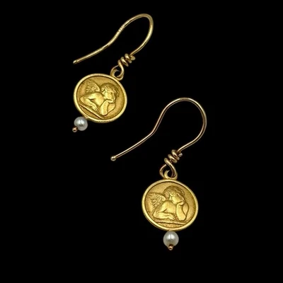 Pendientes colgantes vintage años 90 Barneys NY 14k oro Italia querubín ángel perla firmados Foto 1 de 4