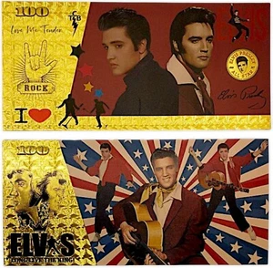 ELVIS PRESLEY 100 Rock Dollars PVC Gold Banknote – Legendary King of Rock - Picture 1 of 15