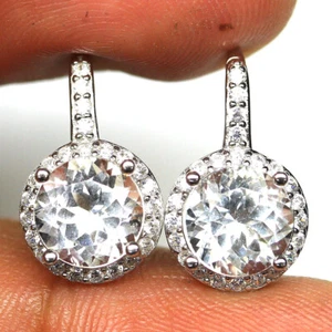 925 Plata de Ley 8Mm. Topacio Blanco & Circonita Pendientes Oro Minimalista - Imagen 1 de 4