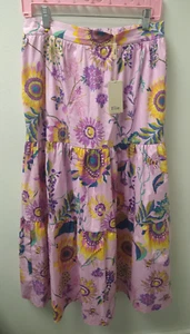 Womens Elie Tahari McKenzie Maxi Skirt Medium Pink Floral Tiered Boho Naturecore - Picture 1 of 7