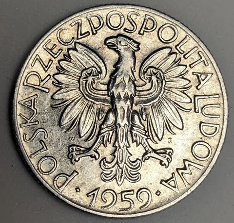 1959 Poland 5 Zlotych Aluminum BU Large Polska Coin Fisherman KM Y-47 Cover