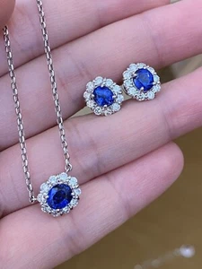 Certified Natural Sapphire & Diamond Jewelry Sets Pendant & Earrings 14k Gold - Picture 1 of 9