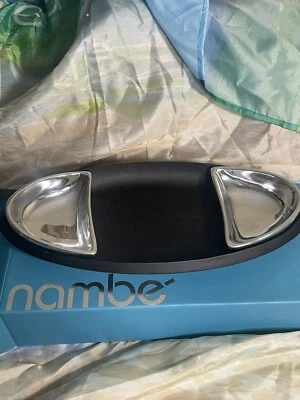 Nambe Noir Acacia Wood Condiment Tray w/ Matching Alloy Bowls 17.5x8" - Image 1 of 4