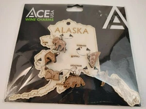Alaska Theme Wooden Wine Charms Moose/Bear/Fish/Mountain/Totem pole/Flag on Map - Picture 1 of 3