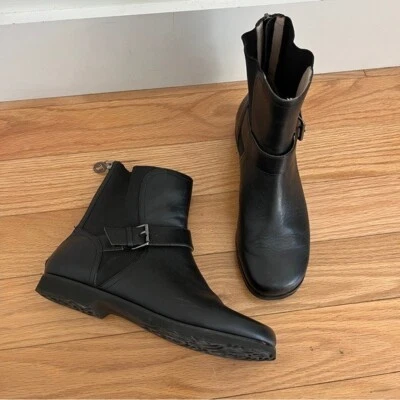 Taryn Rose Black Leather Jaclyn Buckle Zip Up Comfort Moto Boots 9.5M - Image 1 of 4