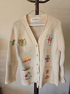 Vintage Woolf Brothers Womens Cream Cardigan Custom Embroidered Corvair Mustang - Picture 1 of 22