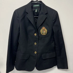 Vintage Lauren Ralph Blazer Women's 4 Black Wool 3D Crest Suit Jacket 90s - Picture 1 of 15