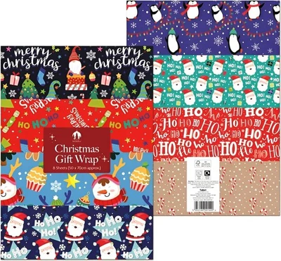 16 Sheets Xmas Gift Wrap Flat Sheets Christmas Wrapping Paper Assorted 50 x 70cm - Image 1 of 4