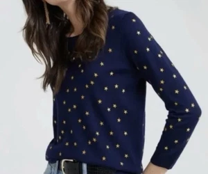 J. Crew Tippi bestickt blau Gold Stern Merinowolle Pullover Winter Herbst EUC XS - Bild 1 von 10