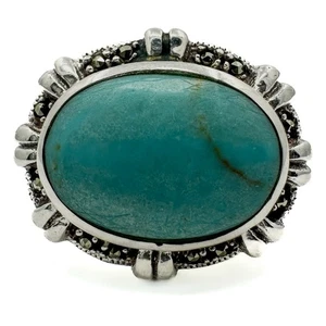 VTG Sterling 925 Turquoise Marcasite Ornate Statement Ring Sz 6.5 - Picture 1 of 5