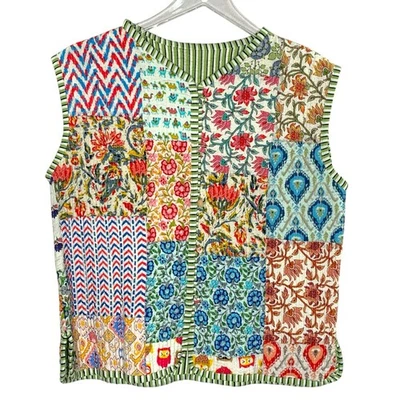 Patchwork OS Reversible Cotton Sleeveless Quilted Vest Handmade Cottage Floral - Image 1 of 4