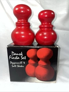 Mid-Century DANSK Fiesta Red Wood Pepper Mill & Salt Set Gunnar Cyren NOS w/box - Picture 1 of 12