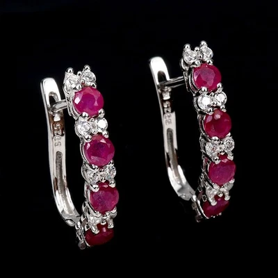 925 Sterling Silver Earrings Round Ruby 3mm Natural Gemstone Jewelry - Image 1 of 4