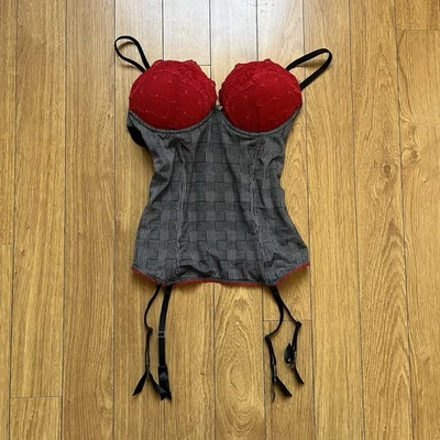 Intimissimi Plaid & Red Lace Bustier Corset w/ Garters Sexy School Girl 34C Foto 1 de 4