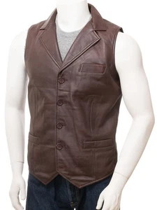 Men's Brown Leather Gilet Black Real Lamb Leather Winters Waistcoat Vest - Picture 1 of 5