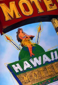 Hawaii Motel Hula Tiki Neon Sign Hand Colored Photo Bar Lounge Art Decor Retro  - Picture 1 of 1