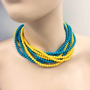 Collar Vintage Años 70 Multicapa Cuentas Retorcidas Acento Calabaza Azul Amarillo - Imagen 1 de 3
