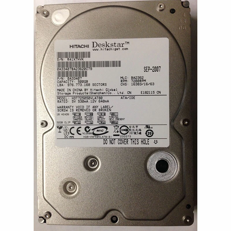 HDT725050VLAT80 - Hitachi 500GB 7200 RPM IDE 3.5" HDD - Image 1 of 1