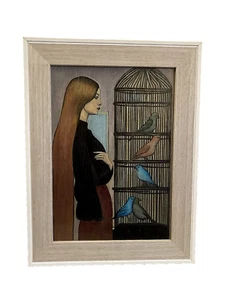 Niña de pie junto a jaula de pájaros estilo surrealista óleo sobre tabla pintura enmarcada - Imagen 1 de 5