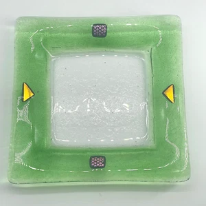 Green Fused Glass Kiln Art Dish Plate Artist Signed - Picture 1 of 5