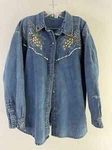 Vintage Pretty Bleu Women's Denim Jean Acid Wash Embellished Shirt Large Pearls - Picture 1 of 8