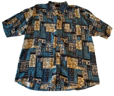 Impact Vintage 80s Blue Large Silk Short Sleeve Button Down Hawaiian Abstract - Image 1 of 4