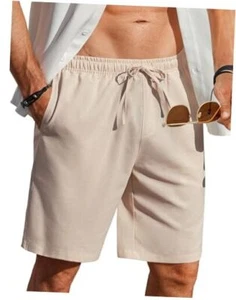 Men's Linen Shorts Casual Beach Shorts 9 inch Inseam Elastic XX-Large Beige - Picture 1 of 7