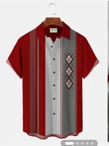Button Down Bowling Red Retro Shirt Men Beach Short Sleeve Hawaiian Shirt 3XL - Picture 1 of 5