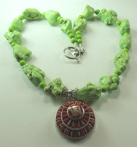 Statement Green Howlite Nugget Necklace Coral Pendant Handcrafted Jewelry - Picture 1 of 2