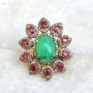 Pave Diamond Multi Gemstone Ring Gold Plated 925 Sterling Silver Jewellery Gift - Picture 1 of 3