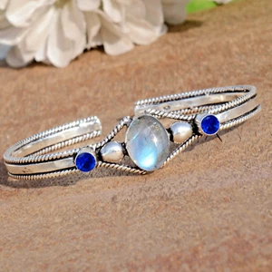 Labradorite & Tanzanite Gemstone 925 Sterling Silver Cuff Bangle For Festival - Picture 1 of 9