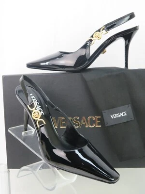 НОВЫЙ В КОРОБКЕ VERSACE ЧЕРНЫЙ ЛАКИРОВАННАЯ КОЖА ЗОЛОТО MEDUSA САНДАЛИИ 85 ММ КАБЛУК НАСОСЫ 38 8 ИТАЛИЯ - Изображение 1 из 4