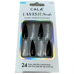 CALA Lavish Touch Set Unghie Lunga Lunghezza NUOVO Nero Scintillante Argento Halloween - Foto 1 di 6