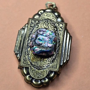 Dichroic Glass Gemstone Copper/Brass Style Locket Jewelry Pendant 2" - Picture 1 of 7