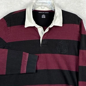 American Eagle Mens L Burgundy Red Black Striped Embroidered Rugby Preppy Shirt - Picture 1 of 9