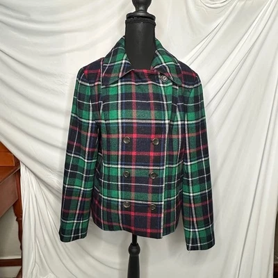 Chaqueta de chaquetón GAP a cuadros de mezcla de lana de doble botonadura para mujer verde rojo azul Foto 1 de 4