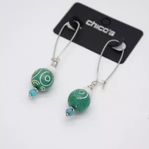 Chico's jewelry green wooden pattern ball hoop drop dangle earrings for women - Picture 1 of 3