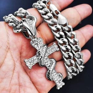 Silver Tone Cobra Snake Cross Pendant 10mm 18" 20" 24" 30" Cuban Chain Necklace - Picture 1 of 19